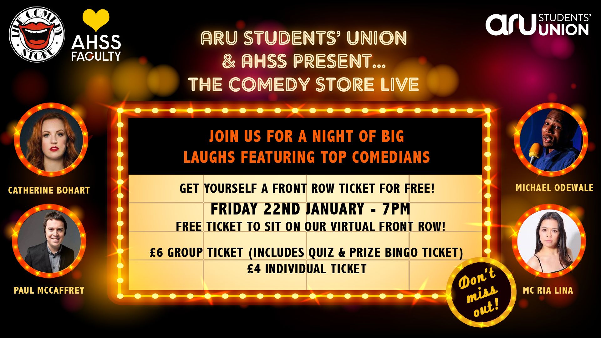 Artwork for the comedy store live, including comedian line up and event details.