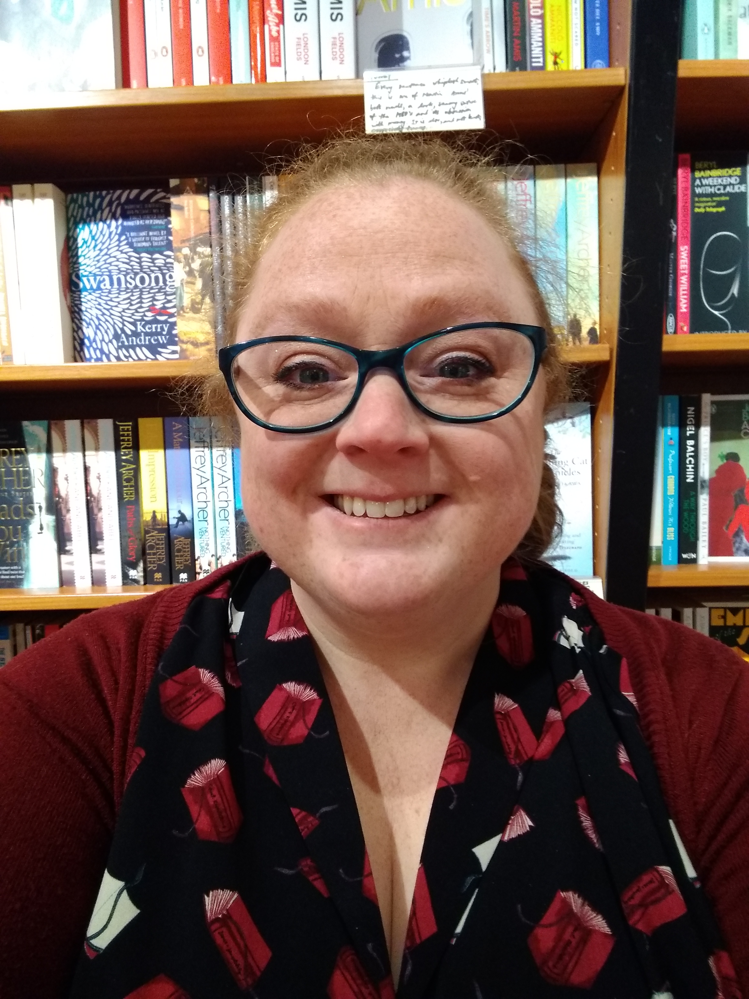 A headshot photo of Dr Amy Crawford, the Events Coordinator at Waterstones Cambridge