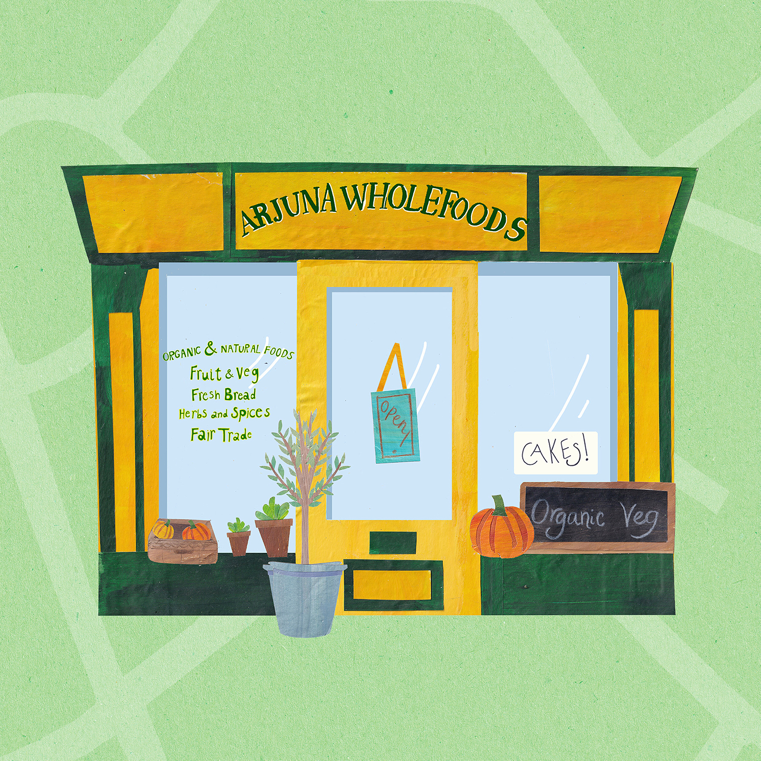 Illustrated image of Arjuna Wholefoods by Isobel Johnson.