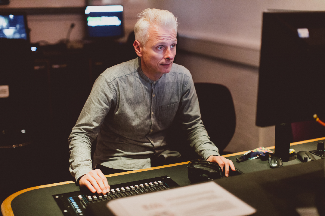 James in the film editing suite