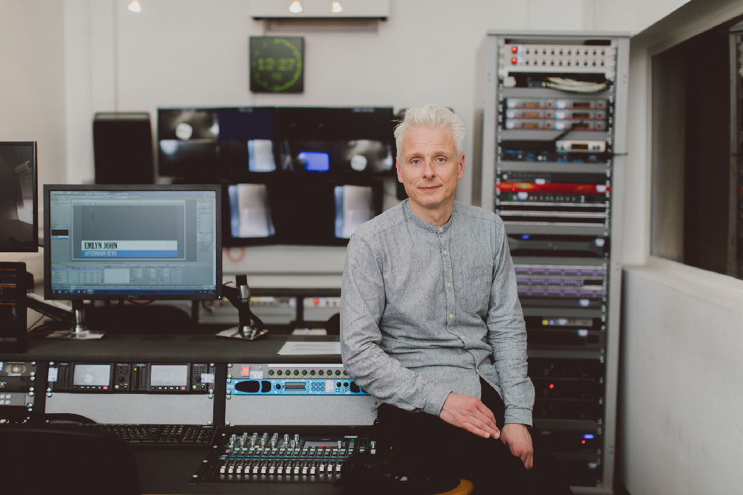 James in the film editing suite