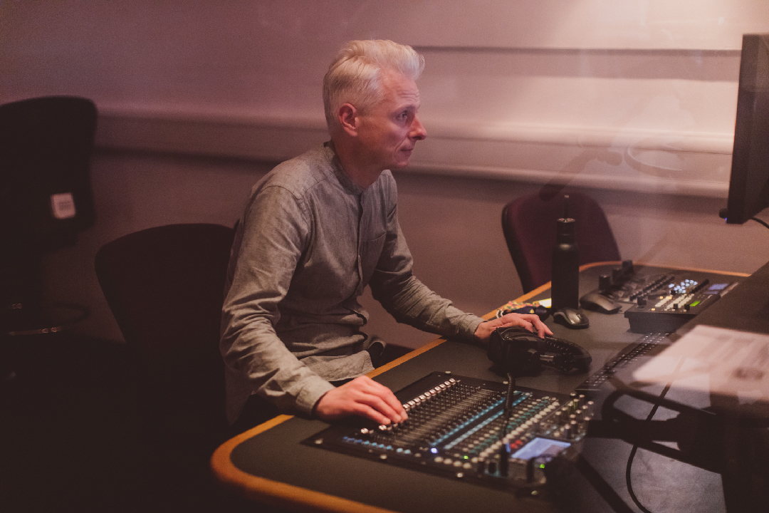James in the film editing suite