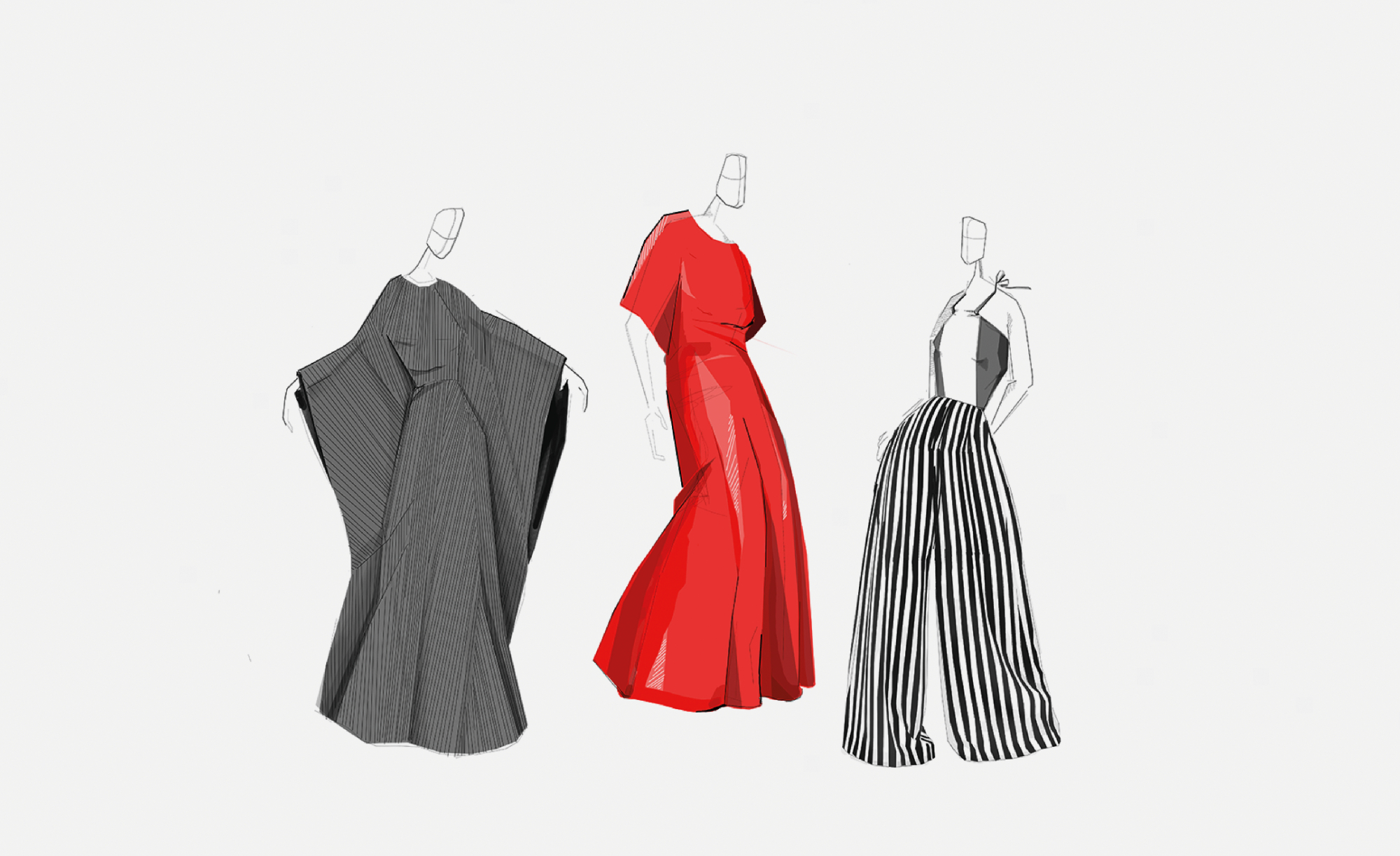 Designs for dresses and trouser suit