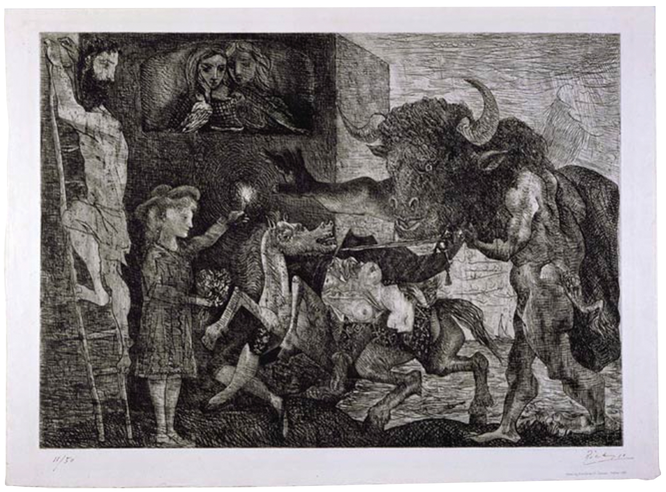 Drawing of minotaur attacking people