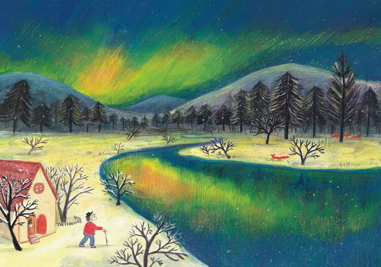 Illustration of man and house near river