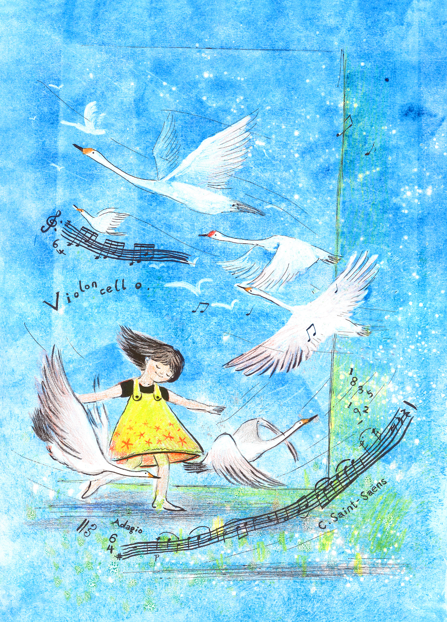 Illustration of girl dancing with swans