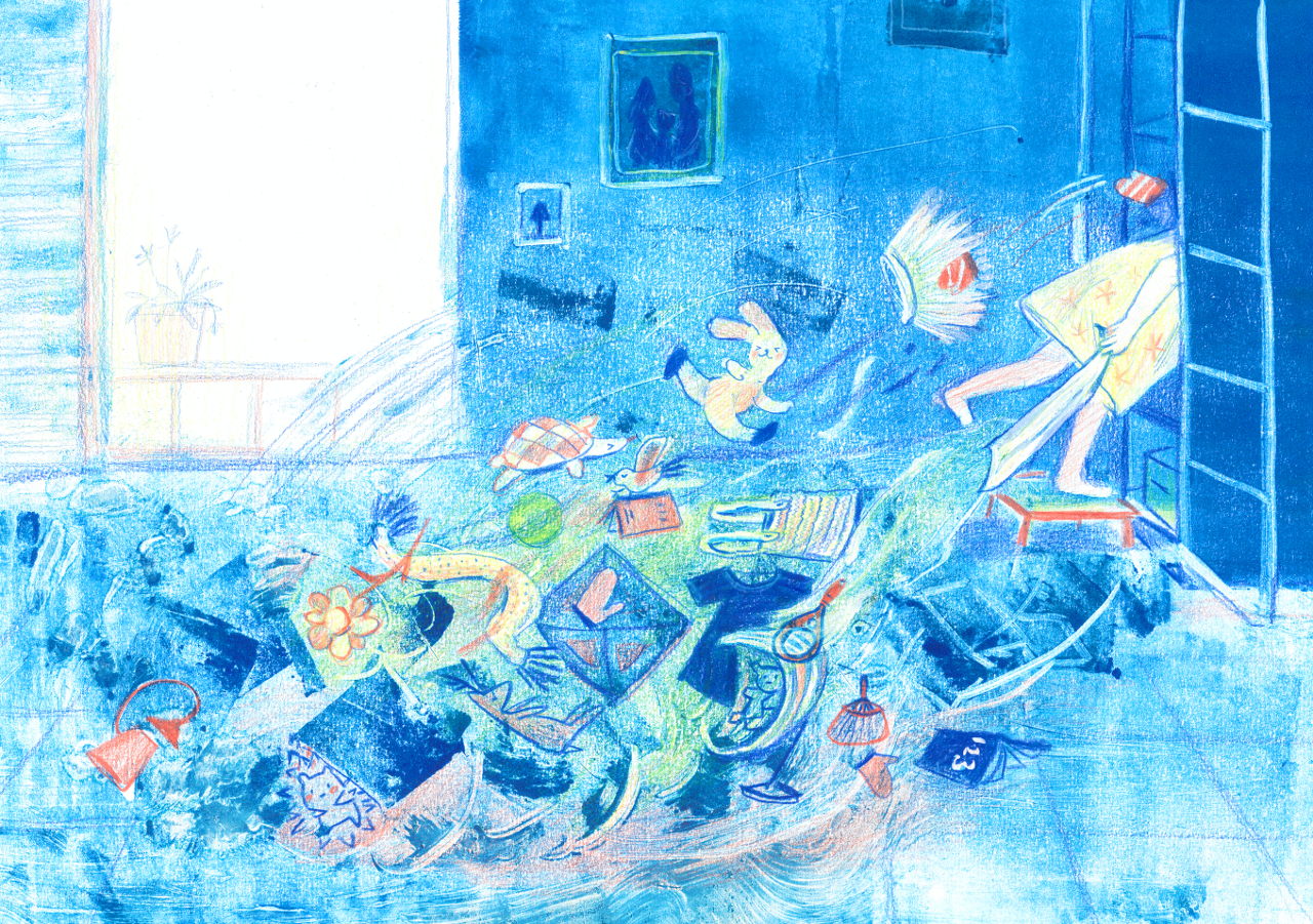 Illustration of girl clearing belongings from closet