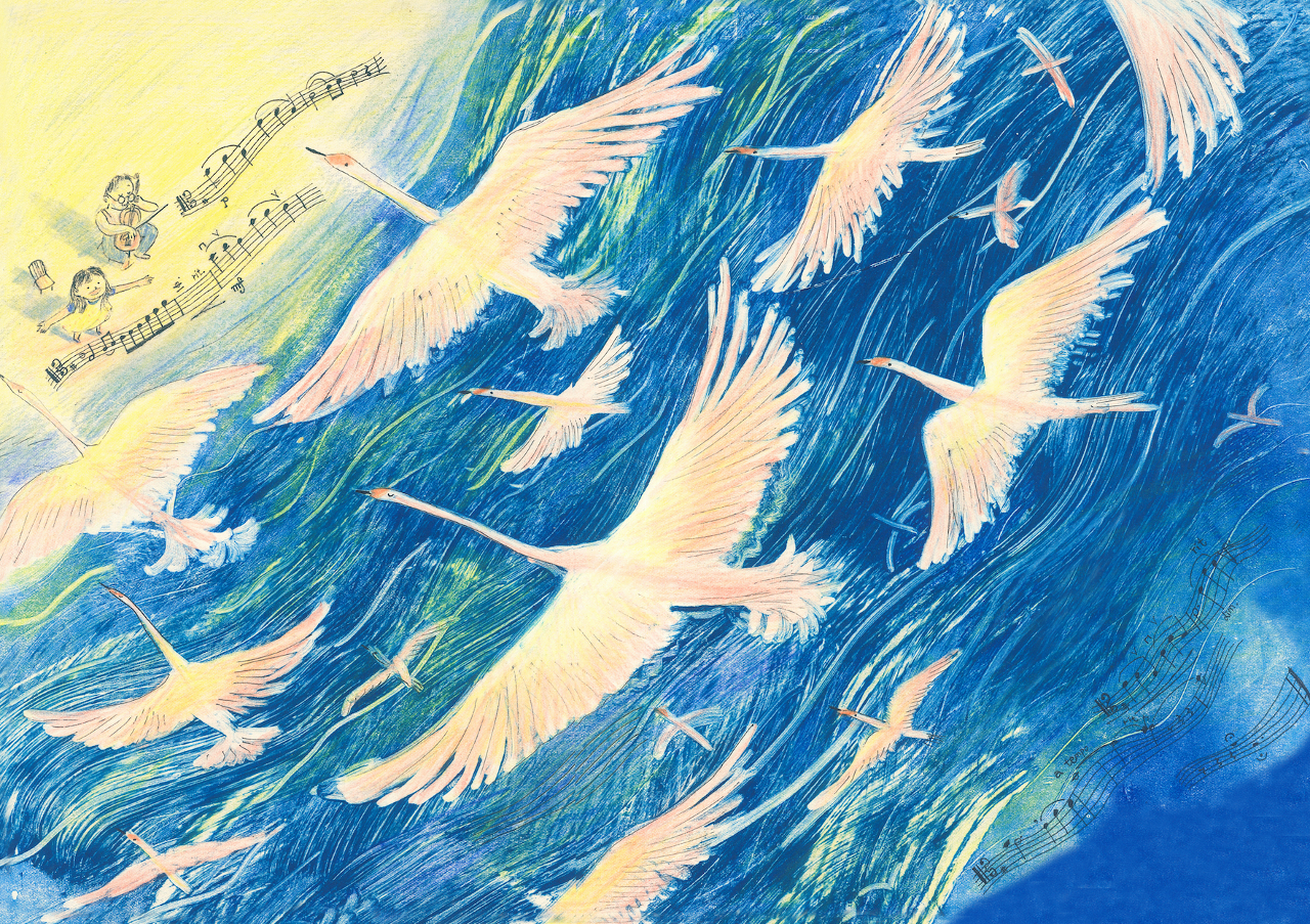 Illustration of swans flying over water towards old woman playing cello and girl