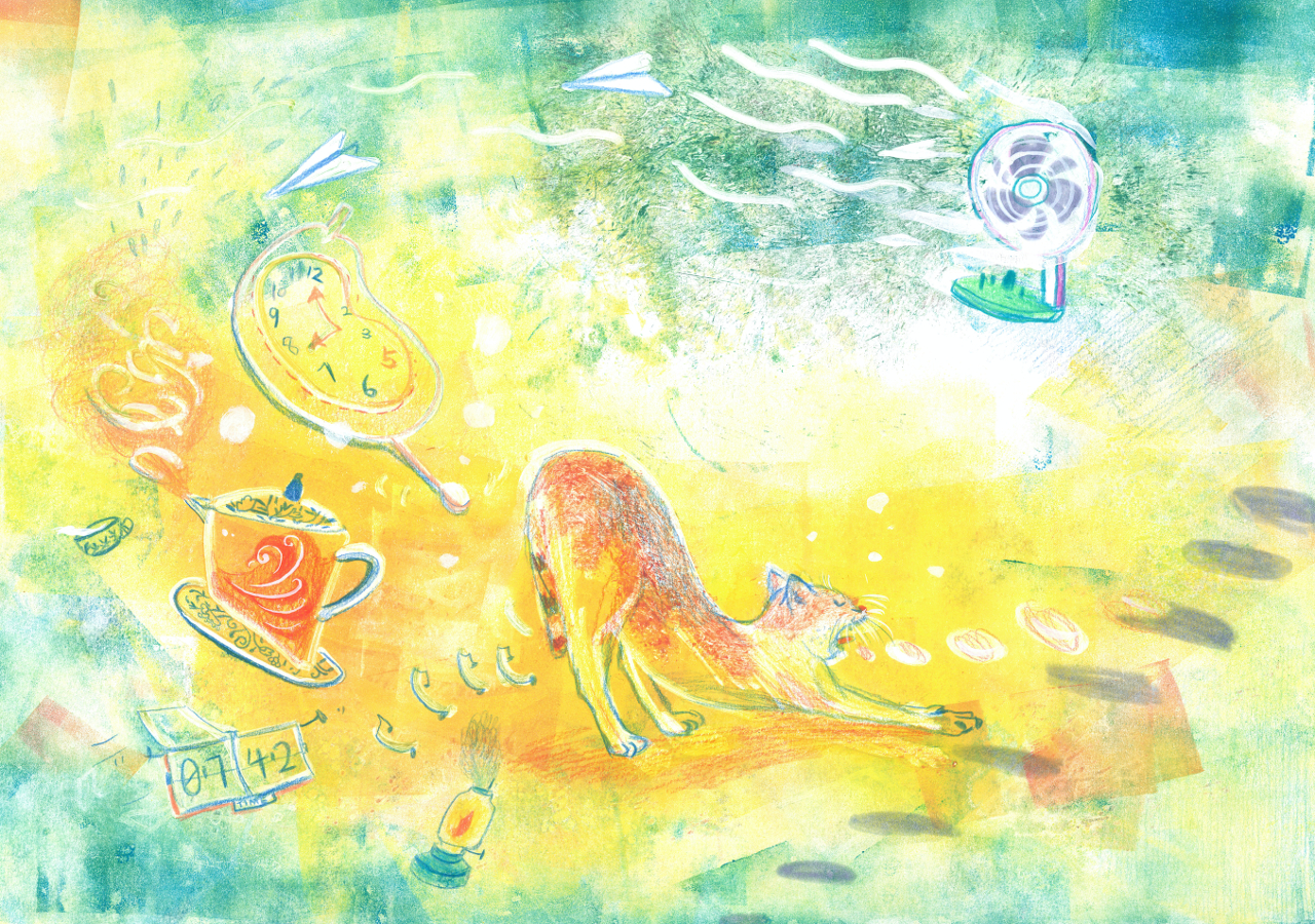 Illustration of cat stretching near fan