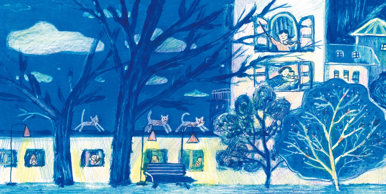 Illustration of train with cats on top passing tall building