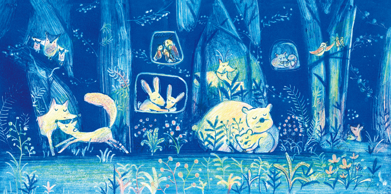 Illustration of adult animals cuddling their babies in wood at night