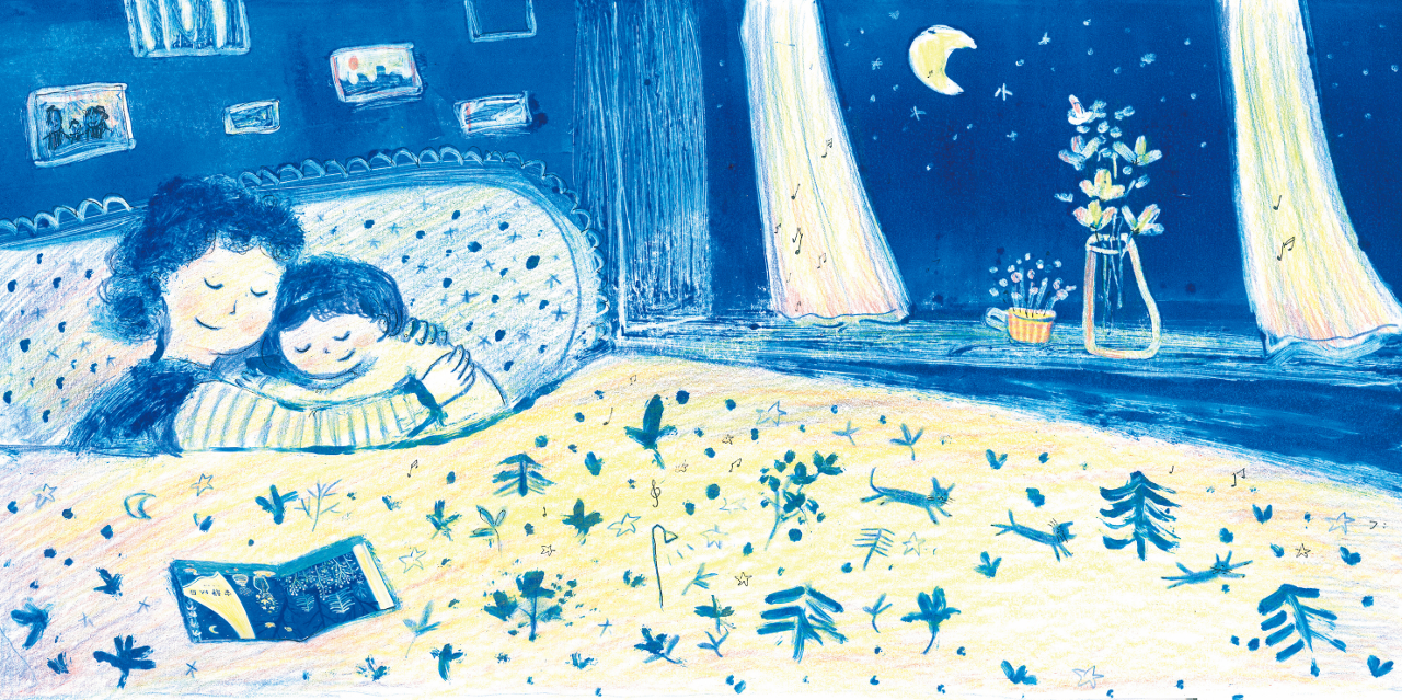 Illustration of mother and daughter cuddling in bed at night