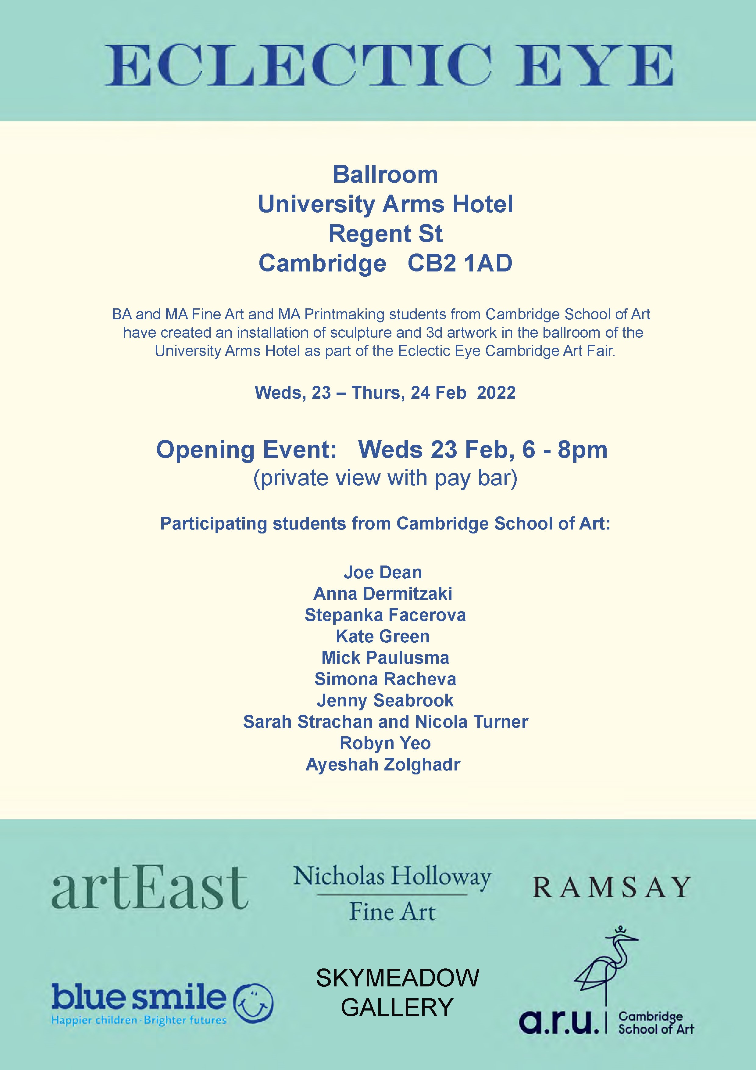 Student Pop-up Exhibition at the University Arms Hotel in Partnership with Cambridge Art Fair poster.