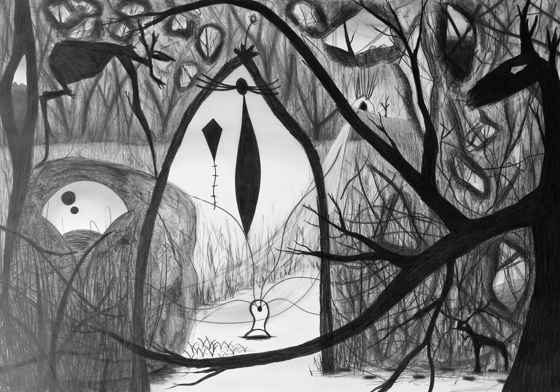 Black and white print of creepy forest