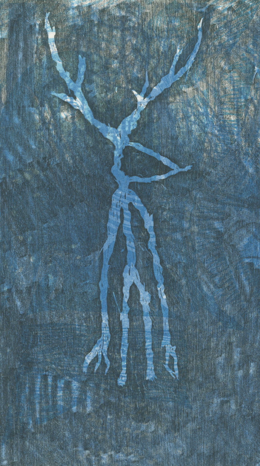 Blue and black print of tree-like creature