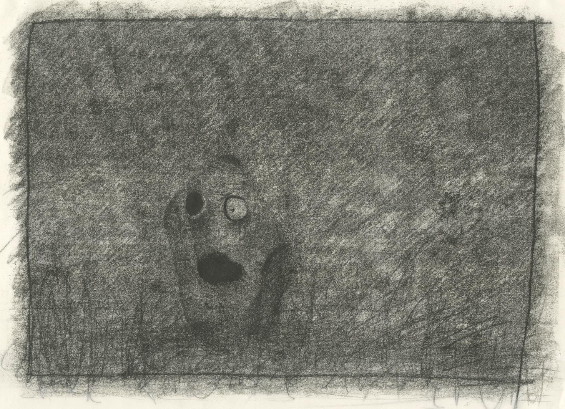 Black and white print of rock-like creature