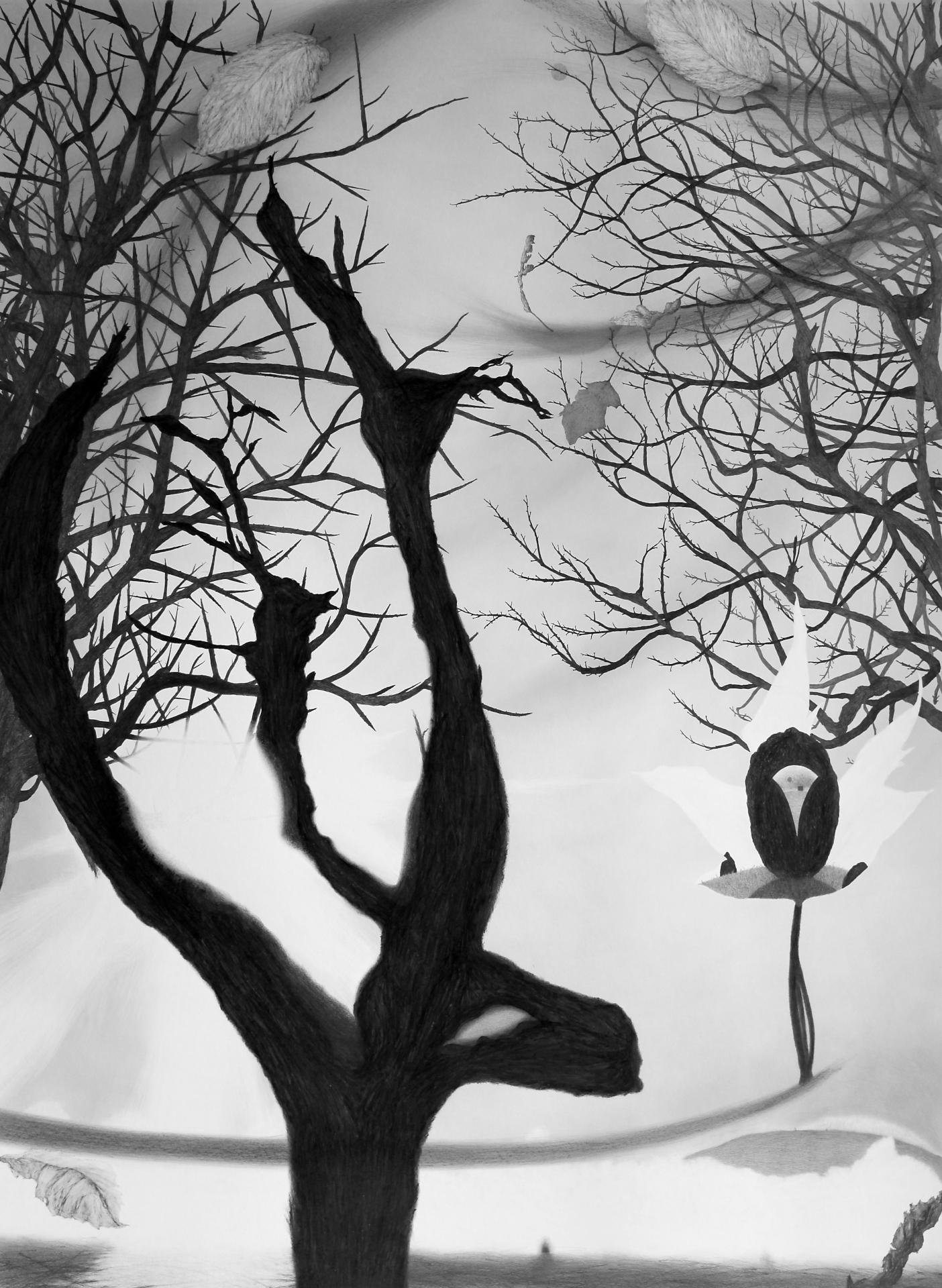 Black and white print of trees and unusual organic structures